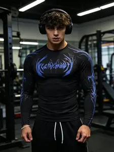 Men's European Style Dark Print Tight Fitness Training Top Long Sleeve, High Elastic Quick-Dry Breathable Compression Shirt, Slim Fit Muscle Show T-Shirt