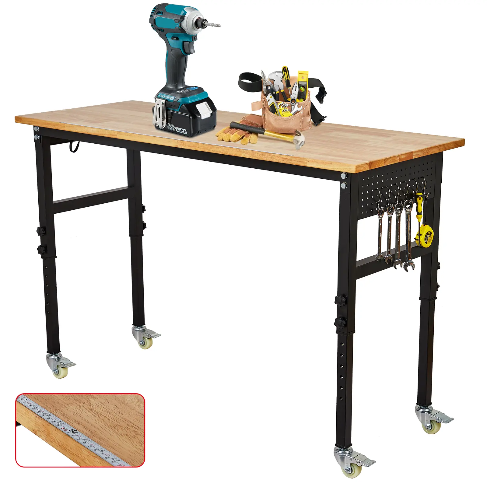Heavy Duty Rolling Tool Workbench Cart, Durable Steel Frame with Rubber Wood Top, Mobile Wheels, Pegboard and Hooks, Perfect for Garage and Workshop Organization
