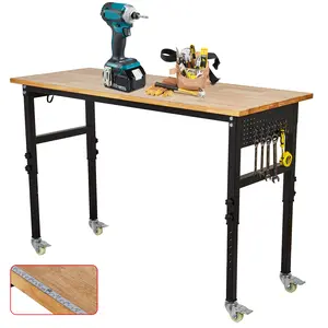 Heavy Duty Rolling Tool Workbench Cart, Durable Steel Frame with Rubber Wood Top, Mobile Wheels, Pegboard and Hooks, Perfect for Garage and Workshop Organization