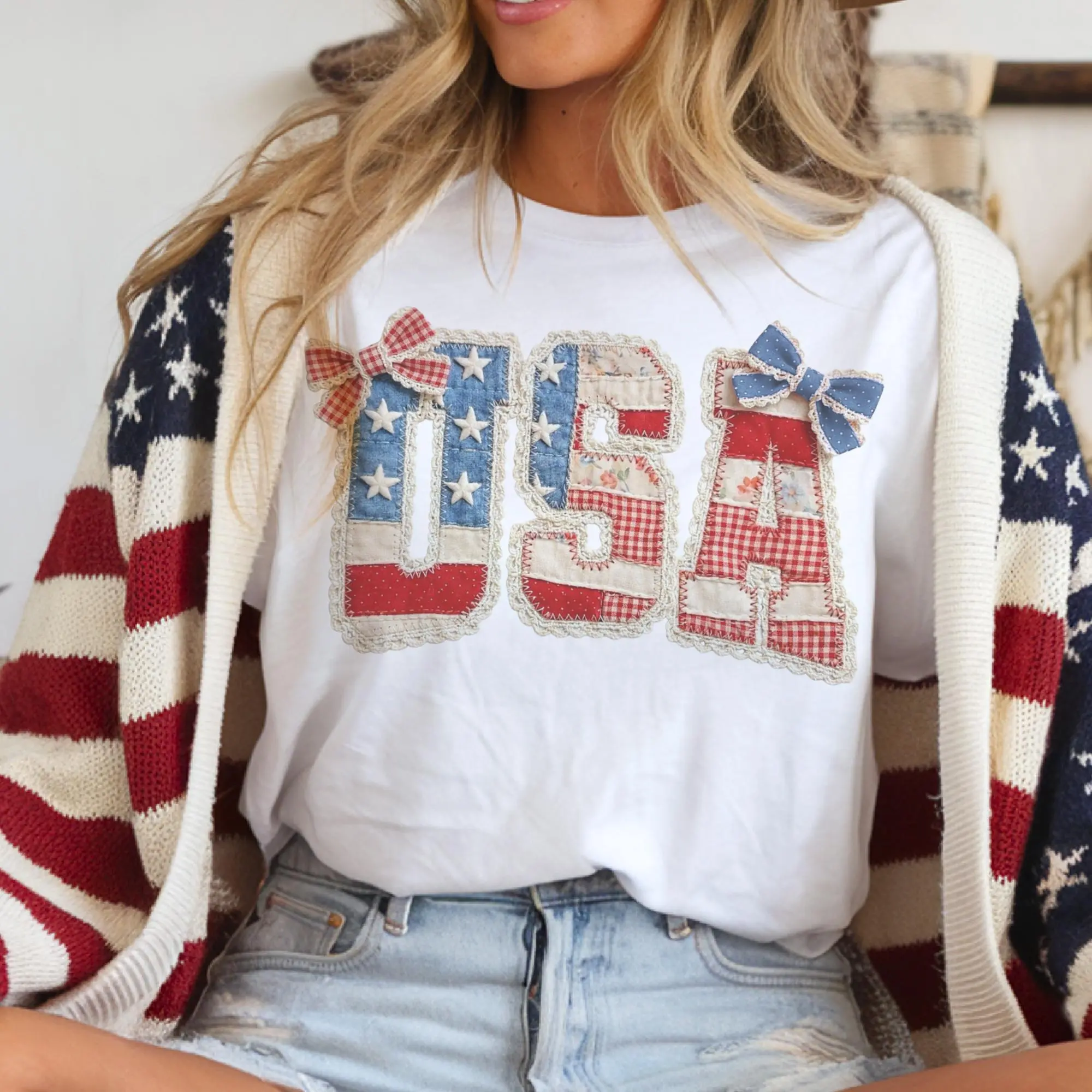 Women's Unisex Cut Classic Fit Casual Cotton Digital Quilt Print Flag T-Shirt - Retro Country Patchwork Graphic, Patriotic Clothes for 4th of July, Memorial Day, Round Neck, Short Sleeve, Soft Comfy Wear, Check Size Chart
