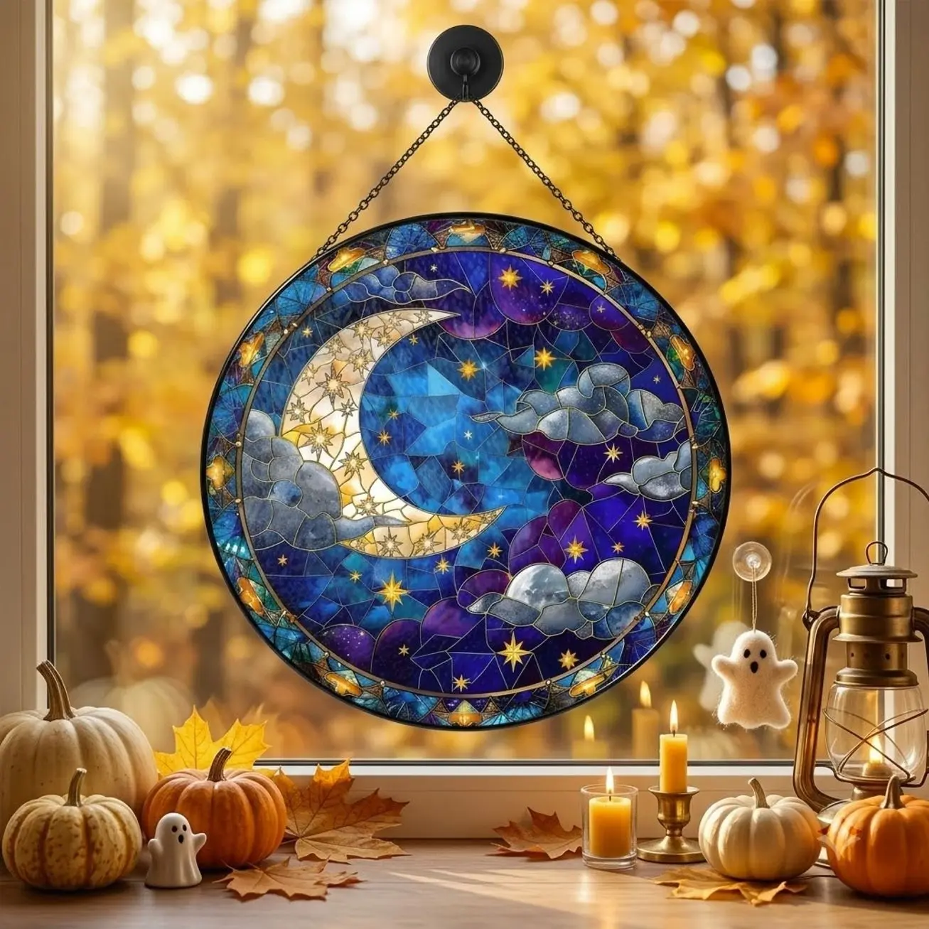 Moon and Stars Stained Glass Style Acrylic Suncatcher, Celestial Window Hanging, Night Sky Mystical Home Decor, Witchy Moon Gift
