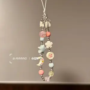 Ballet Style Bow Star Moon Phone Charm Chain Strap DIY Beaded CCD Camera and Notebook Charm Pendant Lanyard Accessory