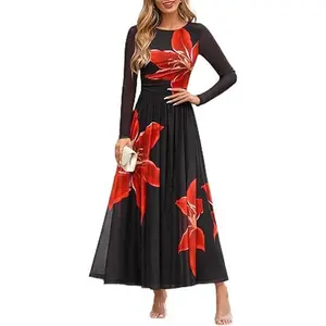 ZESICA Women's Maxi Dress 2026 Fall Long Sleeve Crewneck Floral Print Mesh Ruched Party Wedding Guest Dresses