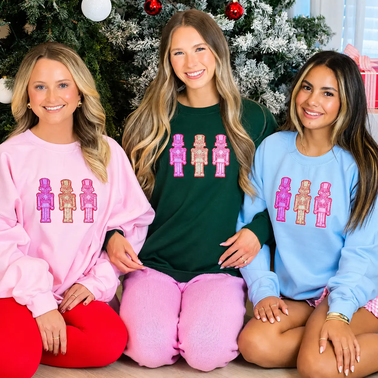 Christmas Nutcracker Embroidered Sweatshirt for Women, Pink Gold Nutcracker Crewneck, Cute Holiday Embroidery Pullover, Cozy Christmas Sweater, Festive Gift for Her