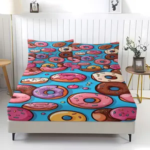 Doughnut Food Theme Cartoon Print Bed Sheet Set, Includes 2 Pillowcases, Breathable Comfort Durable Skin-Friendly Anti-Wrinkle Design, Macaron Color Block, Ideal for Food Lovers, Kids' Bedroom Decor & Gift