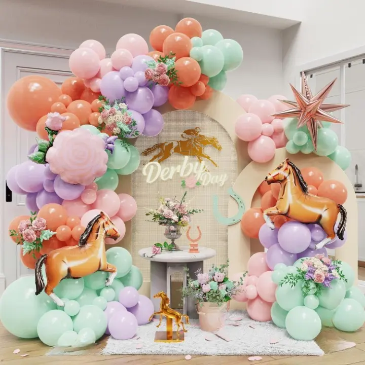 Kentucky Derby Horse Balloon Arch 120Pcs Horse Racing Party Decorations Pink Orange And Green Balloons With Horse Foil Balloon For Birthday Party Deco