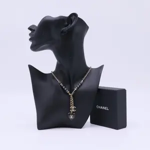 Pre-owned Chanel Black and Silver CC Crystal Heart Pendant Necklace Twins LDJ4530