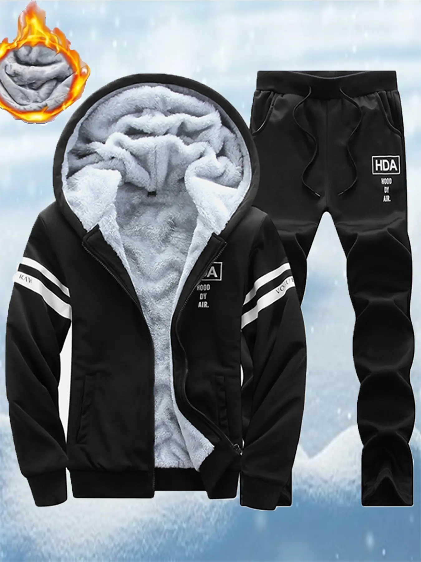 Men's Casual 2-Piece Set - Warm Fleece-Lined Hooded Zip-Up Jacket and Drawstring Pants for Winter Outdoor Wear, Two Piece Set, Zip Up Hoodies