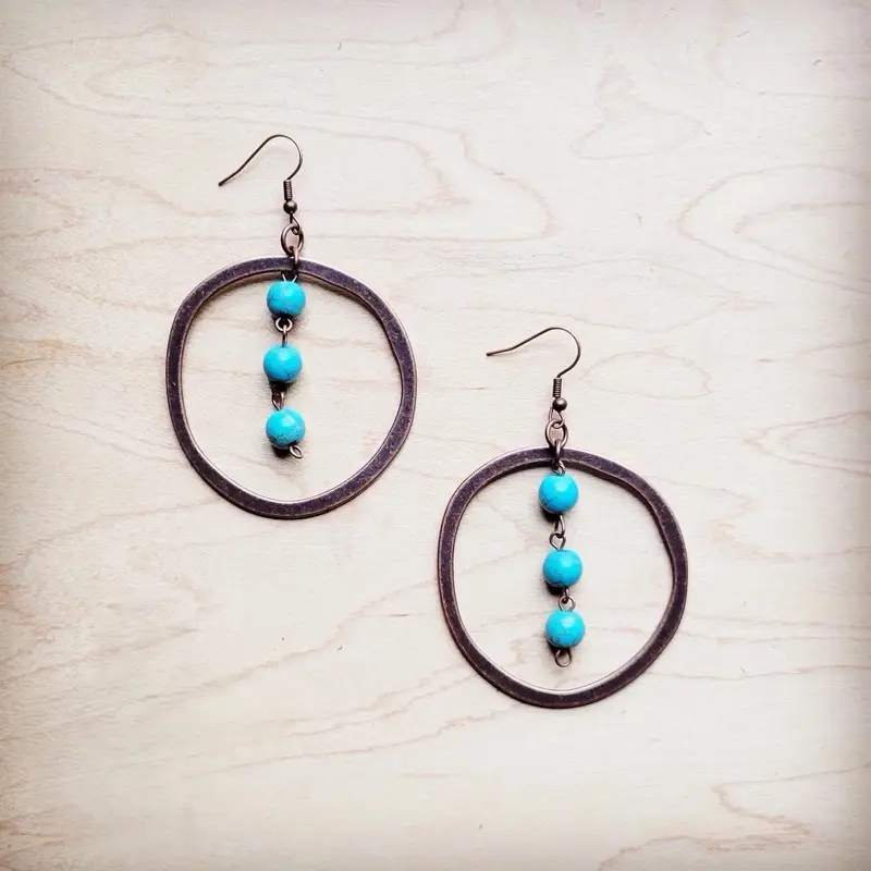 The Jewelry JunkieWestern Copper Hoop Earrings w/ Blue Turquoise Beads