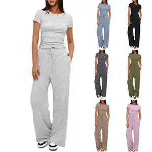 Women's 2-Piece Fashion Casual Set Pleated Short-Sleeve Top & Wide-Leg Pants Comfortable Elegant Fabric for Everyday Wear Plus Versatile Outfit for Casual Outings Elegance Womenswear Loose Slim Clothes Suits ,summervibes Trouser