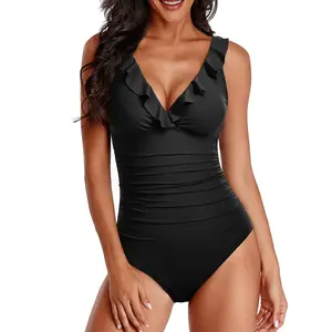 Holipick Women One Piece Swimsuits Tummy Control Bathing Suit Ruffle V Neck Swimwear Slimming Monokini