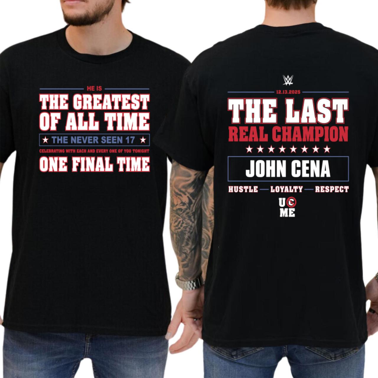Mens WWE John Cena The Last Real Champion Crewneck T-Shirt, Retro Wrestling Slogan Tee Fan Apparel, Vintage Gift For Him Casual Top