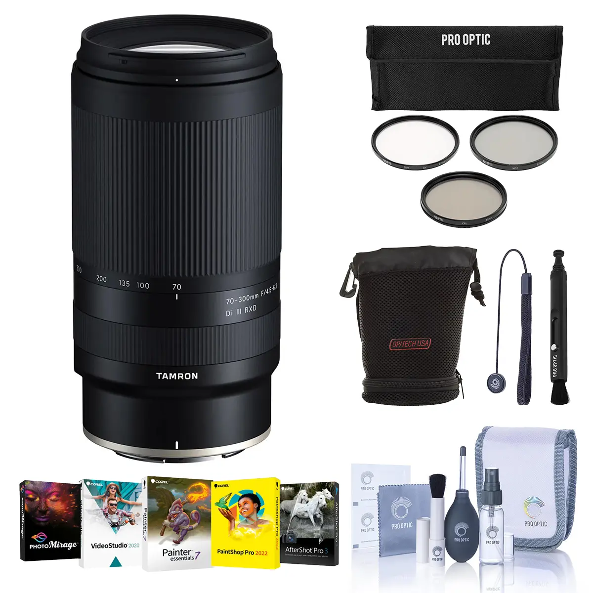 Tamron 70-300mm f/4.5-6.3 Di III RXD Lens for Nikon Z Bundle with Corel PC Software Kit, 67mm Filter Kit, Lens Case, Lens Cleaner, Cleaning Kit, Universal Lens Cap Tether