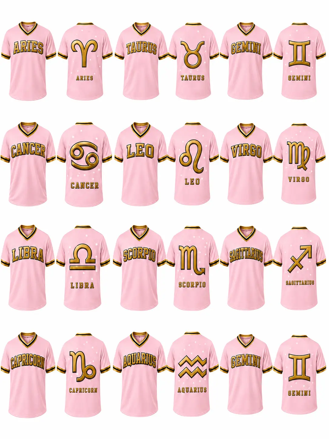 Unisex 12 Zodiac Graphic Casual Jersey - Pink V-Neck Cotton Fabric, Astrology Signs Graphic Tees, XXS-7XL Sizes, Plain Background, Sports Collectible Gift Option (Gemini,Cancer,Leo,Virgo,Libra,Scorpio,Sagittarius,Capricorn,Aquarius,Pisces)