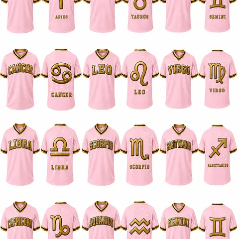 [Zodiac Collection] Unisex Astrology Graphic Tees - Pink V-Neck Short-Sleeve Cotton Jersey, Couple Shirts, Sizes XS-7XL (Incl XS-5XL), Plain Background, Sports Collectible Gift (Gemini,Cancer,Leo,Virgo,Libra,Scorpio,Sagittarius,Capricorn,Aquarius,Pisces)