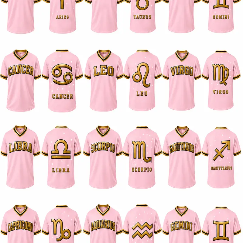 [Zodiac Collection] Unisex Astrology Graphic Tees - Pink V-Neck Short-Sleeve Cotton Jersey, Couple Shirts, Sizes XS-7XL (Incl XS-5XL), Plain Background, Sports Collectible Gift (Gemini,Cancer,Leo,Virgo,Libra,Scorpio,Sagittarius,Capricorn,Aquarius,Pisces)