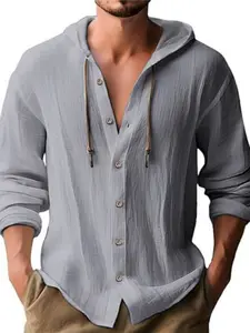Men's Hooded Linen Shirt, Summer Breathable Sweat-Absorbing, Casual Loose Fit, Drawstring Hoodie, Button Front, All Seasons