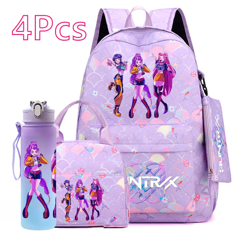 4PCS K-Pop Demon Hunters School Backpack Set – Large Capacity Anime Bookbag with Lunch Bag, Pencil Case & Insulated Water Bottle for Girls & Teens