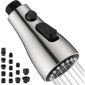 Kitchen Faucet  Replacement with 15 Adapters - 3 Functions Pull Down   for Kitchen Faucet, Pull Out Faucet Sprayer  Nozzle, Kitchen Sink Faucet Sprayer  , Brushed Nickel