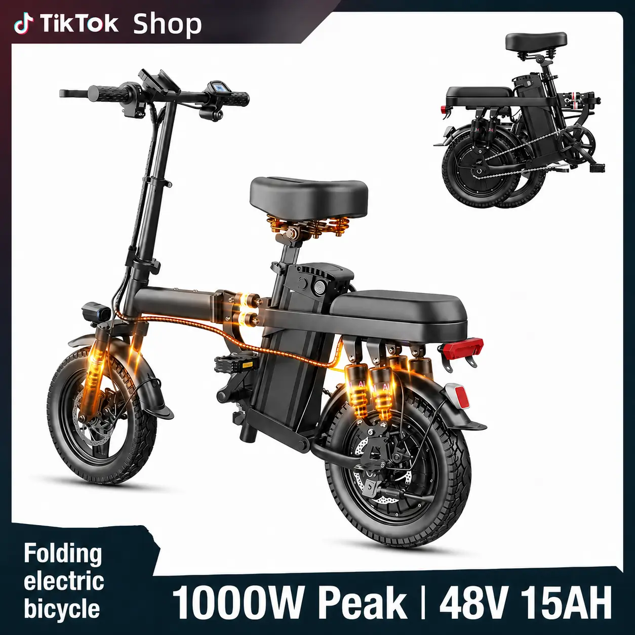 Unisex Adults' Compact Folding Electric Pedelec City Bike for Youth - 1000W Peak Motor , 15Ah Built-In Lithium-Ion Battery, 20-31 Mi Range, 20 MPH Speed, Upright Ride, Energy-Efficient Commuter Bike for Outdoor Cycling, Sports & Fitness,, Commuting, tikto