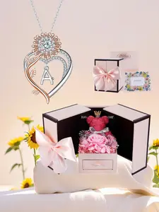 Sunflower Initial Necklace with Moss Bear Rose Jewelry Box, Letter Pendant Gift for Mom Wife Birthday Christmas