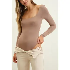 The Blu Long Sleeve Knit Bodysuit- Warm Taupe