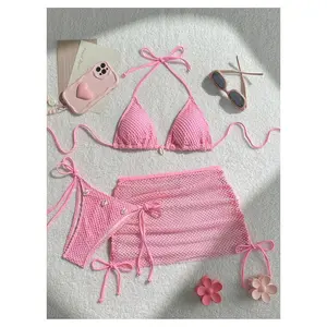 Swimsuit for Women Three Piece Pink Tulle Bathing Suit Set Sexy Slimming Beachwear Tropical Vacation Bikini with Shell Detail