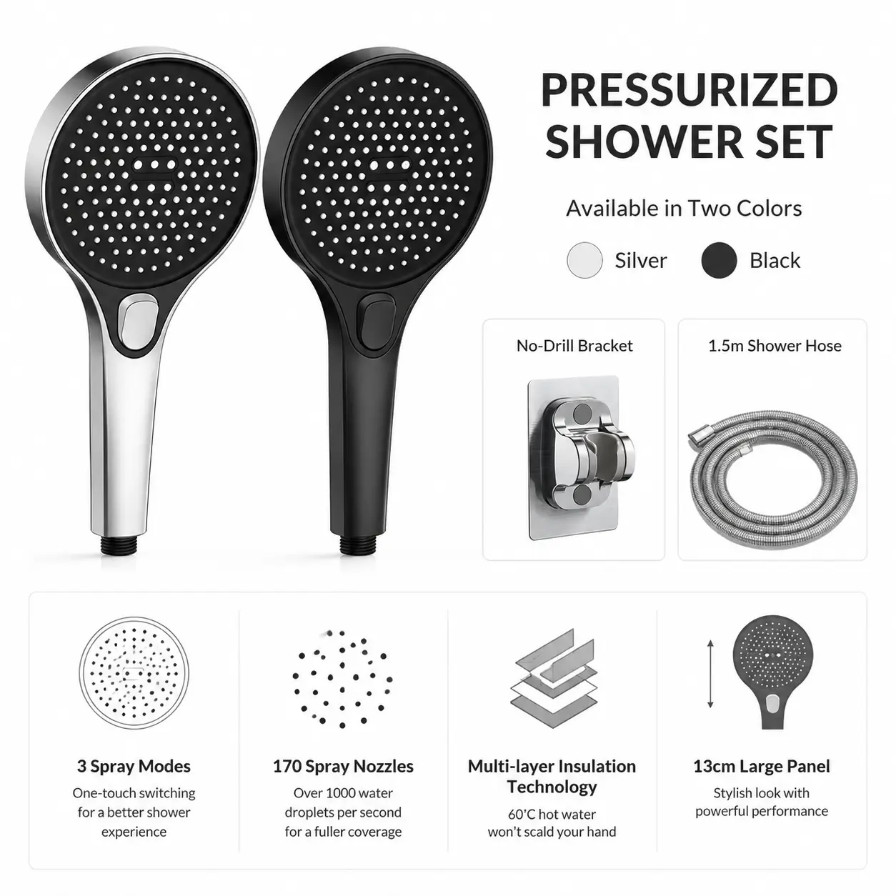 Portable ABS Plastic Handheld Rain Shower Head Set with Flexible Hose Reach, 3-Spray Modes 3-Mode Powerful Sprayer for Low Water Pressure Home Bathroom Accessory