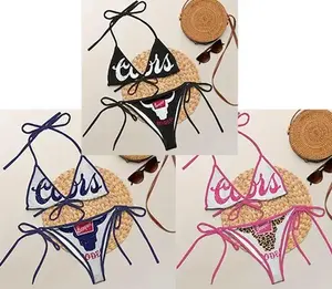 Sexy Tie Side Bikini Set Women Triangle Swimsuit Beer Inspired Graphic Print Summer Beachwear Adjustable String Bathing Suit Pool Party Vacation Outfit Trendy Y2K Hot Girl Swimwear