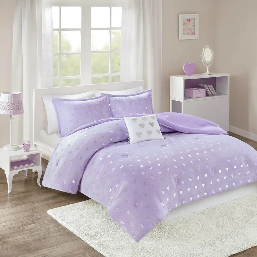 Mi Zone MZ10-0574 Rosalie Metallic Printed Plush Comforter Set, Purple & Silver - Full & Queen Size