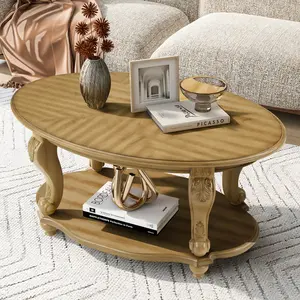 Coffee Table 42'' Oval Wood Center Table for Living Room, 2-Tier Solid Wood Cocktail Table with Open Storage Shelf, Easy Assembly, Antique Natural