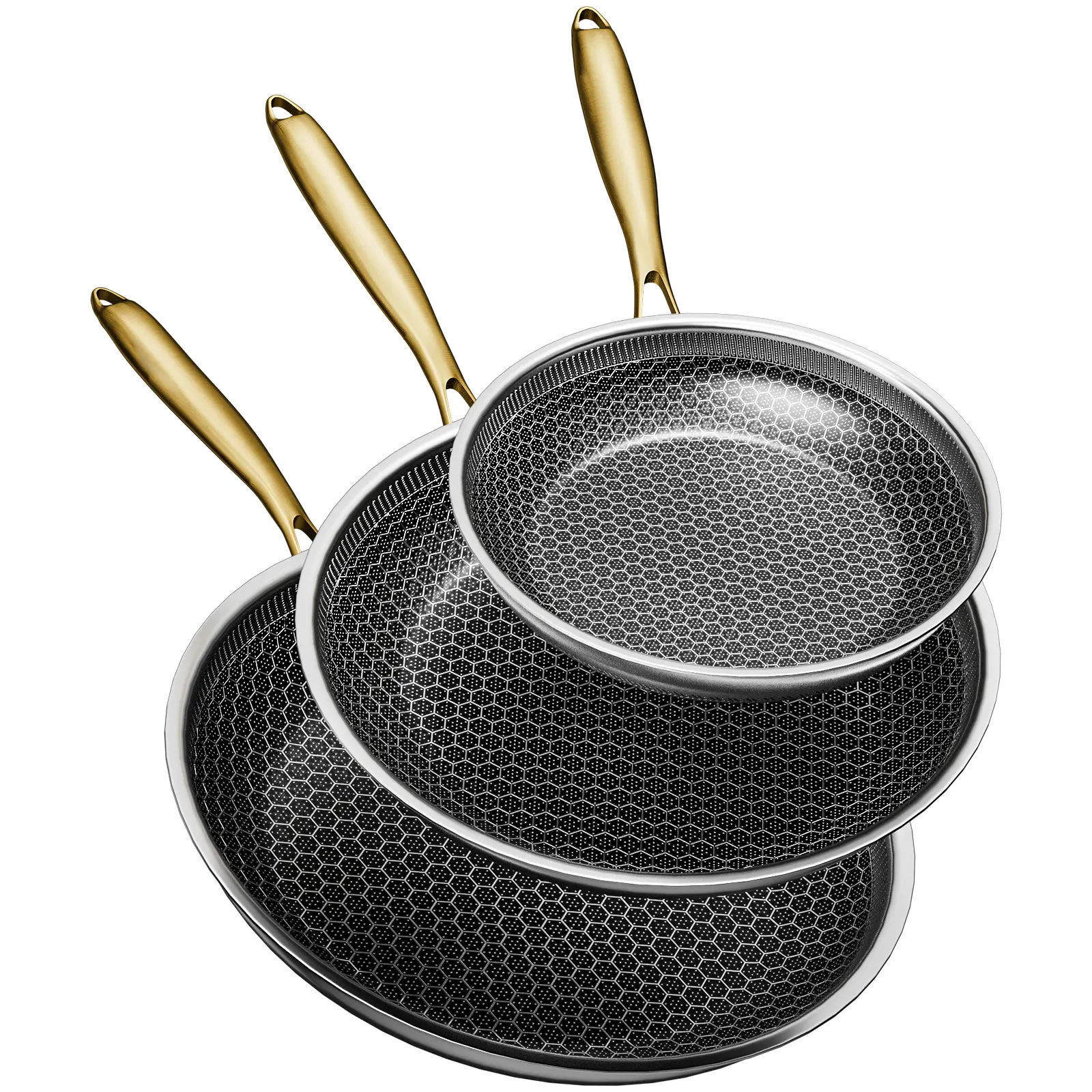 XBM Nonstick Frying Pan Set without Lids 3-pc, Honeycomb, PFAS-Free, Stay-Cool Handle, Induction Ready & Oven SafeCookware Aluminium Carbon Metal pots and pans set