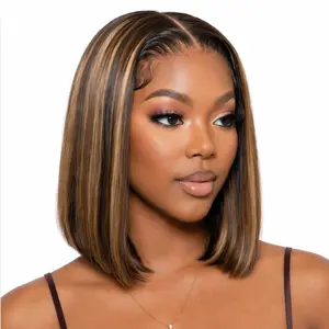 Glueless P4/27 Highlight Bob Wig Human Hair 13x4 HD Lace Front Wig Pre-Plucked Ready to Wear Short Straight 180 Density