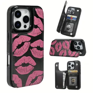 Wallet case with pink lips and black and pink flap, for iPhone 17 16 15 14 13 12 PRO MAX PLUS and 17 AIR Series. Includes credit card slots and key slots, cell phone case with wallet.
