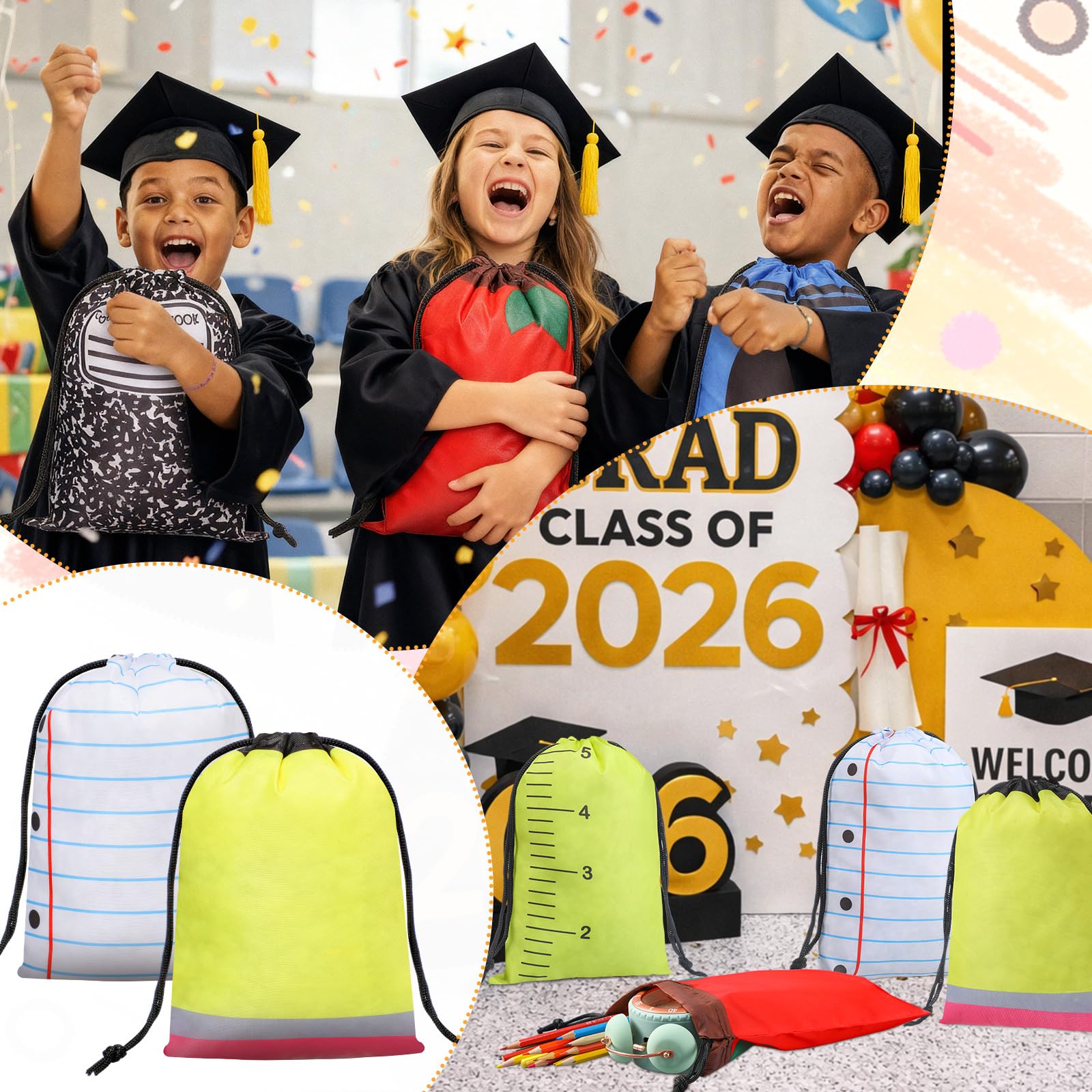 24 Pcs Graduation Gift Bag 10 x 7 Inch Crayon Drawstring Backpack Teacher Appreciation Week Favor Bulk Preschool Graduation Goodie Bag for Kindergarten Teacher Student,Birthday Supply Back to School Party Decoration,Classroom Gift Exchange