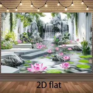 2D Flat Banner 1pc, Rural Garden Theme, Lotus, Path, Pond, Vibrant Plants, Ideal for Photography, Events, Celebrations, No Power Required