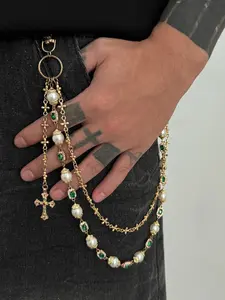 Men's Decorative Pants Chain with Pearls and Gemstones, Retro Court Style Gift for Fashion Enthusiasts, Vintage Body Jewelry