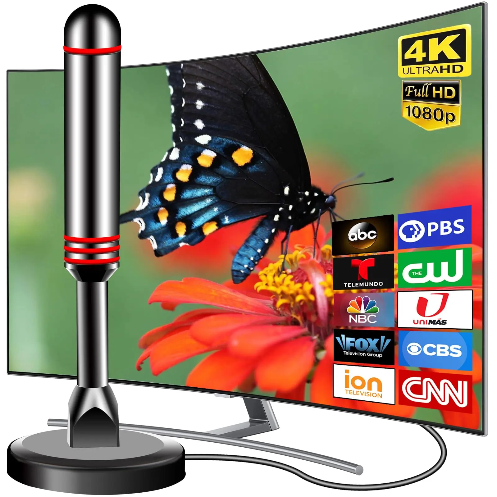 TV Antenna for Smart TV Indoor, 2025 Digital Indoor Antennas with Strong Magnetic Base, 360°&Long Range Reception TV Antenna for Local Channels, Easy Setup Digital HD Antenna for T V Without Cable
