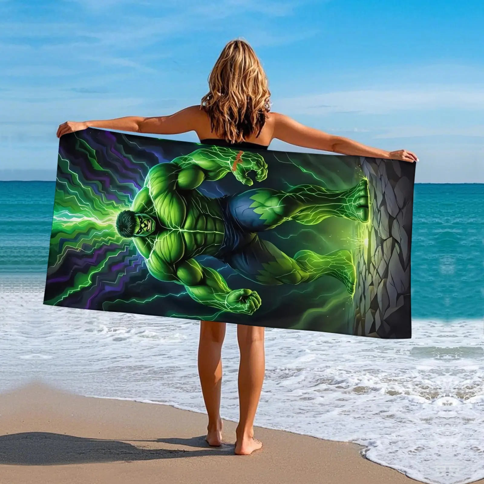 Marvel Comics Hulk Beach Towel, Extra Large Plush Cotton, Durable And Absorbent, Ideal For Beach Trips And Outdoor Summer Fun