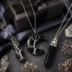 Black Crystal Tree of Life Necklace Hexagonal Moon Obelisk Shape Protection Jewelry for Women Girls Daily Wear Gift