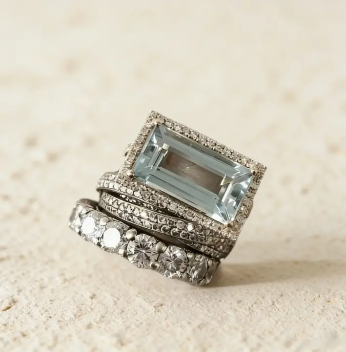 Women's 3-Pcs Stackable Ring Set - Silver-Plated Brass, Large Rectangular Cut CZ Chunky Statement Engagement Ring Set, Vintage Luxury Casual Jewelry for Party Daily Wear, Casual Rings