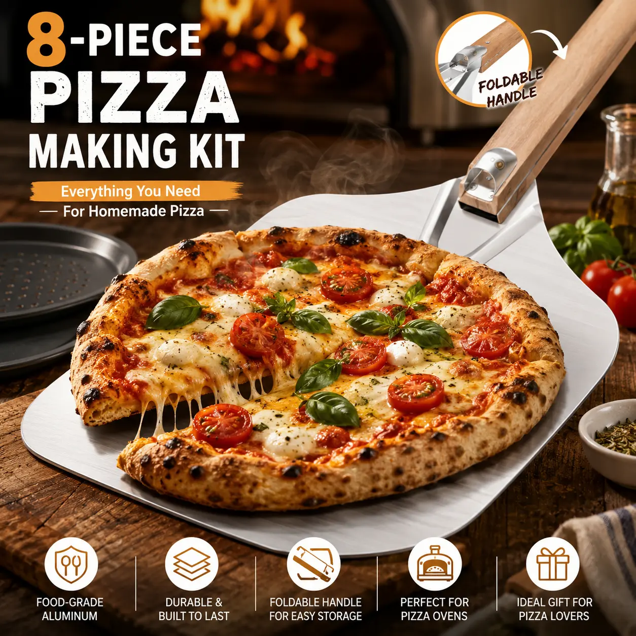 8-Piece Complete Pizza Kit, Foldable Pizza Peel with Rocker Cutter and Pans, Oven & Grill Accessories