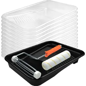 Andrew 9 Inch  Tray Set, 15-Pack, Plastic  Tray with 12 Textured Tray Liners,  Roller Liners Kit with Roller and Wire Roller Frame for Painting Walls, Ceilings, Trim, Siding