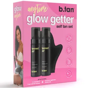 b.tan Dark Self Tanner Kit | Anytime Glow Getter Bundle - 2 Pack of Tanned AF Sunless Tanning Mousse with Mitt Applicator Glove, 1 Hour Express Foam, Fast Bronze for Face & Body, No Fake Tan Smell