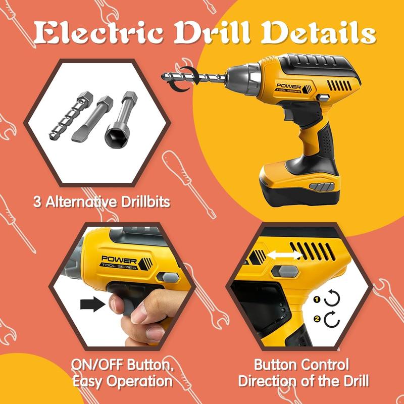 Kids Tool Set with Toolbox & Electronic Drill, Pretend Play Construction Kit for Toddlers 3-5, Toys for Boys Ages 4-6, Kitchen Mama Toy Tools Included