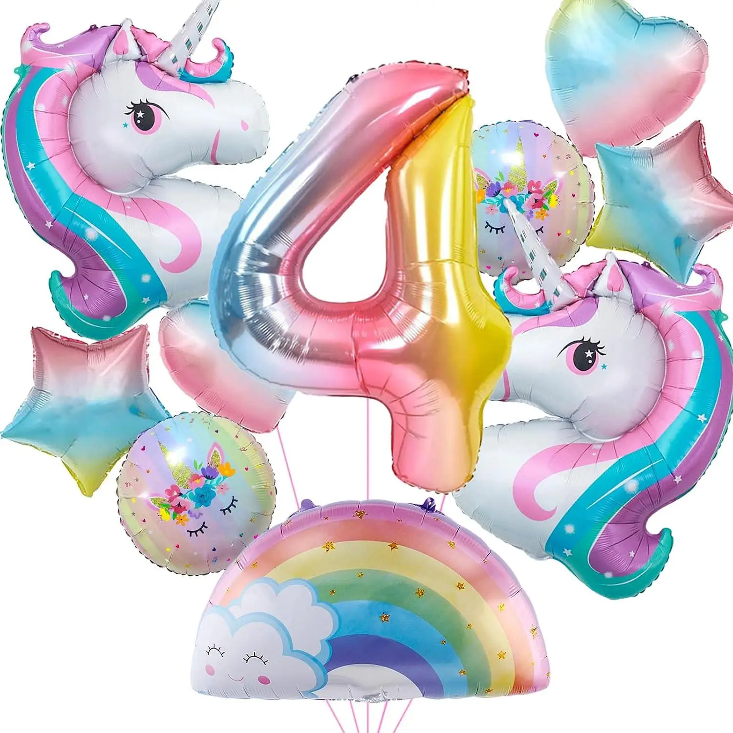 Unicorn Birthday Decorations For Girls, 10Pcs Unicorn Balloons Set With Rainbow, Heart And Number 4 Foil Balloons For 4Th Birthday Party Decorations