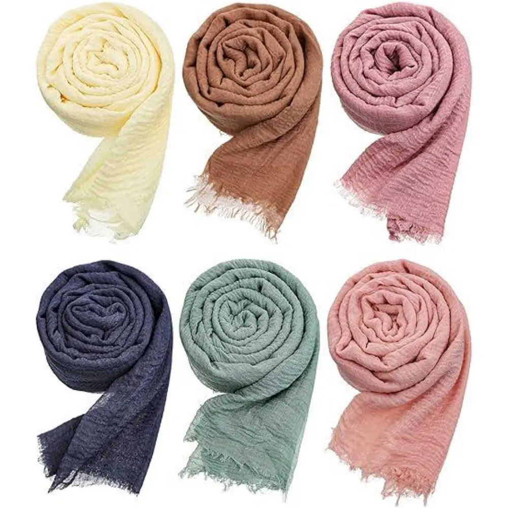 6Pcs Cotton Blend Crinkle Hijab Scarf Shawl Set, Soft Pleated Women Head Wraps, Lightweight Versatile Fashion Headscarves, All Seasons Daily Casual Outfit Accessories
