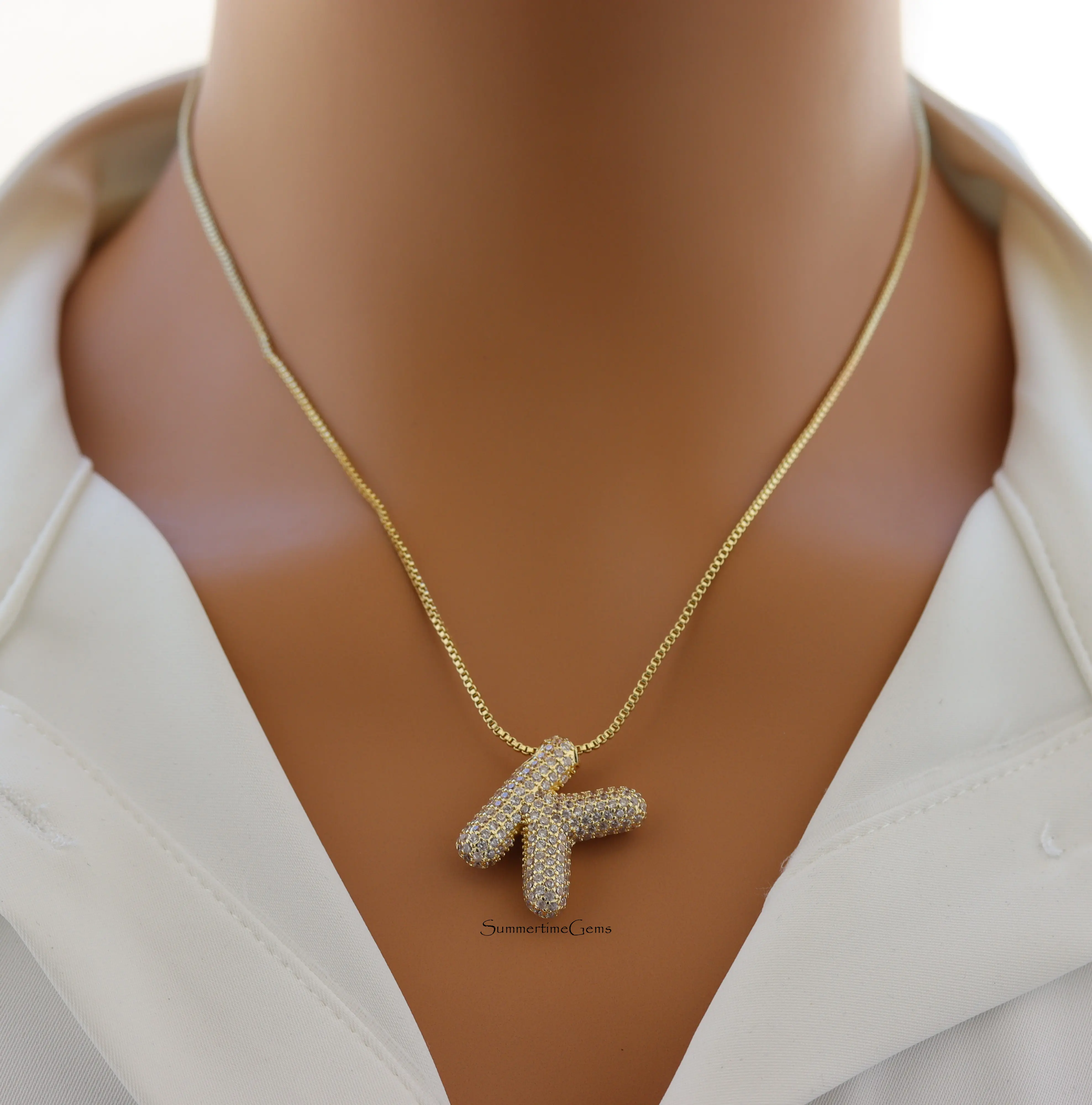 Pave Bubble Initial "K" Pendant Necklace – Trendy Rhinestone Letter Necklace in 100% Alloy for Bold, Personalized Style