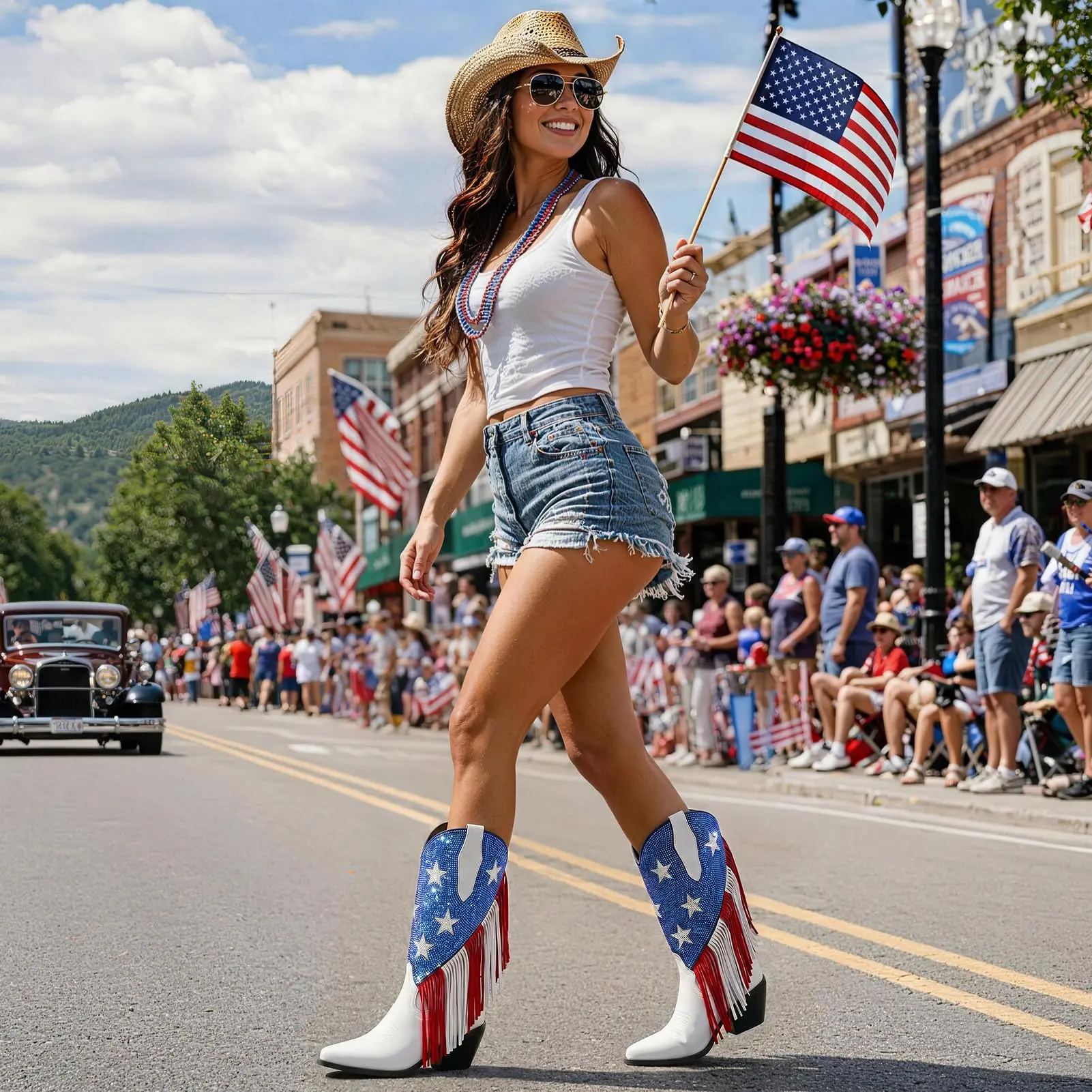 Women's Rhinestone Denim Boots with Tassels — Patriotic-Themed Game Day Outfit, Western Rodeo and Country Music Festival Boots Walking Shoes