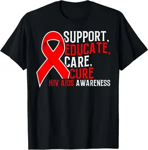 100% Cotton Support Educate Care Cure HIV AIDS Red Ribbon HIV Infection T-Shirt